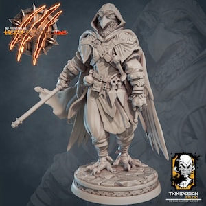 May include: A 3D printed miniature of a humanoid figure with a bird head and wings. The figure is wearing a hooded cloak and holding a staff. The figure is standing on a circular base. The miniature is painted in a light gray color.