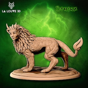 May include: A 3D-printed sphinx figurine in a tan color, with a human face, lion's body, and a stylized tail. The figurine is on a circular base, with the text "Sphynx" and "La Louve 3D" visible.