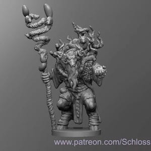 May include: A grey 3D printed miniature of a goat-like creature with horns, wearing a fur coat and holding a staff with a spiral design. The miniature is standing on a round base.