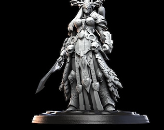 May include: A detailed, gray figurine of a warrior woman, adorned with antlers, armor, and a flowing gown. She holds a sword and has a bird perched on her shoulder. The figure is standing on a round base against a black background.
