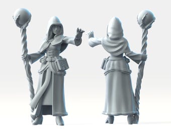 May include: A gray painted miniature figurine of a female wizard holding a staff with a sphere on top. The wizard is wearing a long robe and has a book strapped to her belt.