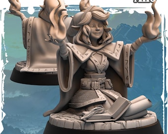 May include: A detailed, light-colored figurine of a female mage with a hooded cloak, holding flames in each hand. The figurine is seated with an open book in front of her. The word "Milo" is printed in the upper right corner.