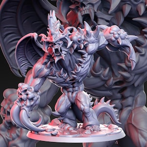 May include: A gray, detailed miniature of a demonic creature with sharp claws, teeth, and horns. The creature is standing on a round base.