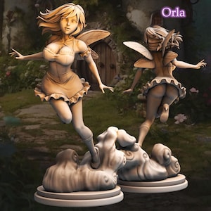 May include: Two detailed figurines of fairies with wings, one with a flowing dress and the other with a shorter skirt, both standing on cloud-shaped bases. The text "Orla" is visible in the background.