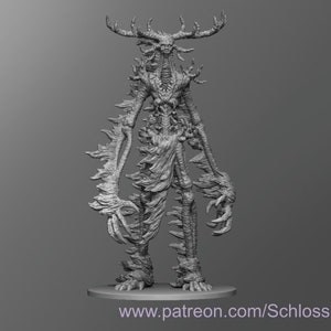 May include: A detailed 3D printed model of a creature with antlers, a skeletal frame, and a textured, bark-like body. The creature has long, clawed fingers and stands on a circular base. The base has the text "www.patreon.com/Schlossbauer" printed on it.