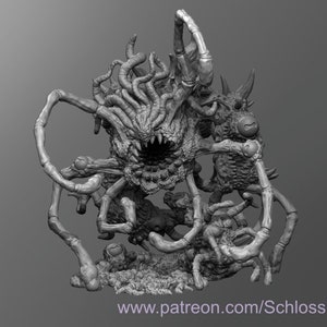 Op de afbeelding: Een gedetailleerd 3D-geprint model van een monsterlijk wezen met meerdere ogen, tentakels en scherpe tanden. Het wezen heeft een getextureerd, organisch uiterlijk en staat in een dreigende houding.