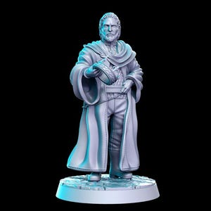 May include: A white painted figurine of a man wearing a long robe and holding a crown. The figurine is standing on a round base.