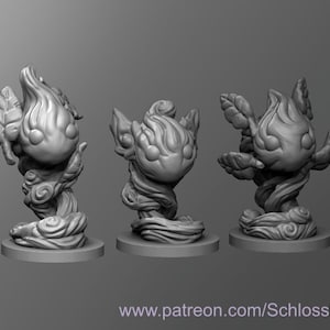 May include: Three grey, 3D printed miniature figurines of a fire elemental with a swirling cloud base. Each figurine has a different pose, with one facing forward, one facing left, and one facing right.