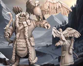May include: A miniature figurine of a fantasy character, a falcon master, with a feathered cloak and a falcon perched on their arm. The figure is holding a bow and arrow. The figure is standing on a round base. The background is a snowy landscape.