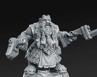 May include: A gray, detailed miniature figurine of a dwarf with a long beard, wearing a tunic and holding a gun and a weapon. The dwarf is standing on a round base.