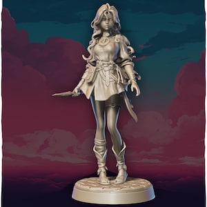 May include: A detailed figurine of a woman with long flowing hair, wearing a tunic and holding a dagger. She is standing on a circular base.