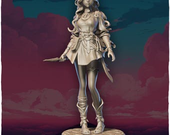May include: A detailed figurine of a woman with long flowing hair, wearing a tunic and holding a dagger. She is standing on a circular base.