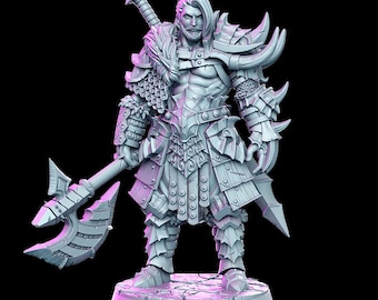 May include: A gray 3D printed miniature of a warrior figure wearing armor and holding a large axe. The figure has a beard and a serious expression.