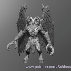 May include: A gray, detailed, 3D printed miniature of a winged creature with a goat-like head and clawed hands. The creature has a textured, organic appearance and is posed with its wings spread wide.