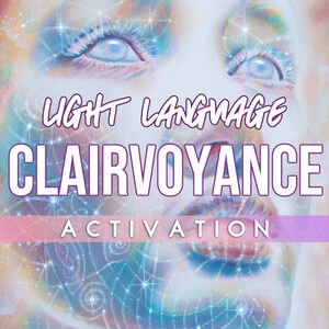 Może przedstawiać: Cyfrowy obraz artystyczny twarzy kobiety z gwiezdnym tłem. Na obrazie nałożony jest tekst "LIGHT LANGUAGE CLAIRVOYANCE ACTIVATION".