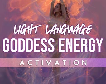 Puede incluir: Una mujer con el pelo largo y rubio está de pie con los brazos en alto, rodeada de un fondo nublado rosa y morado. El texto "LIGHT LANGUAGE GODDESS ENERGY ACTIVATION" está escrito en letras blancas sobre un fondo morado.