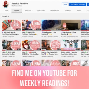 May include: A YouTube channel page with a banner image that says "FIND ME ON YOUTUBE FOR WEEKLY READINGS!" The channel is for astrology readings and features videos with titles like "Libra March 2022 Prediction - Big Money..." and "How Are They Feeling Right Now? - Timeless Love..."