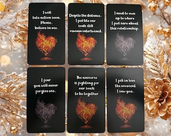 May include: Nine black cards with a heart design in the center. Each card has a different message about love and relationships. The hearts are either burning with fire or are gray and shadowy. The cards are on a gold and brown background.