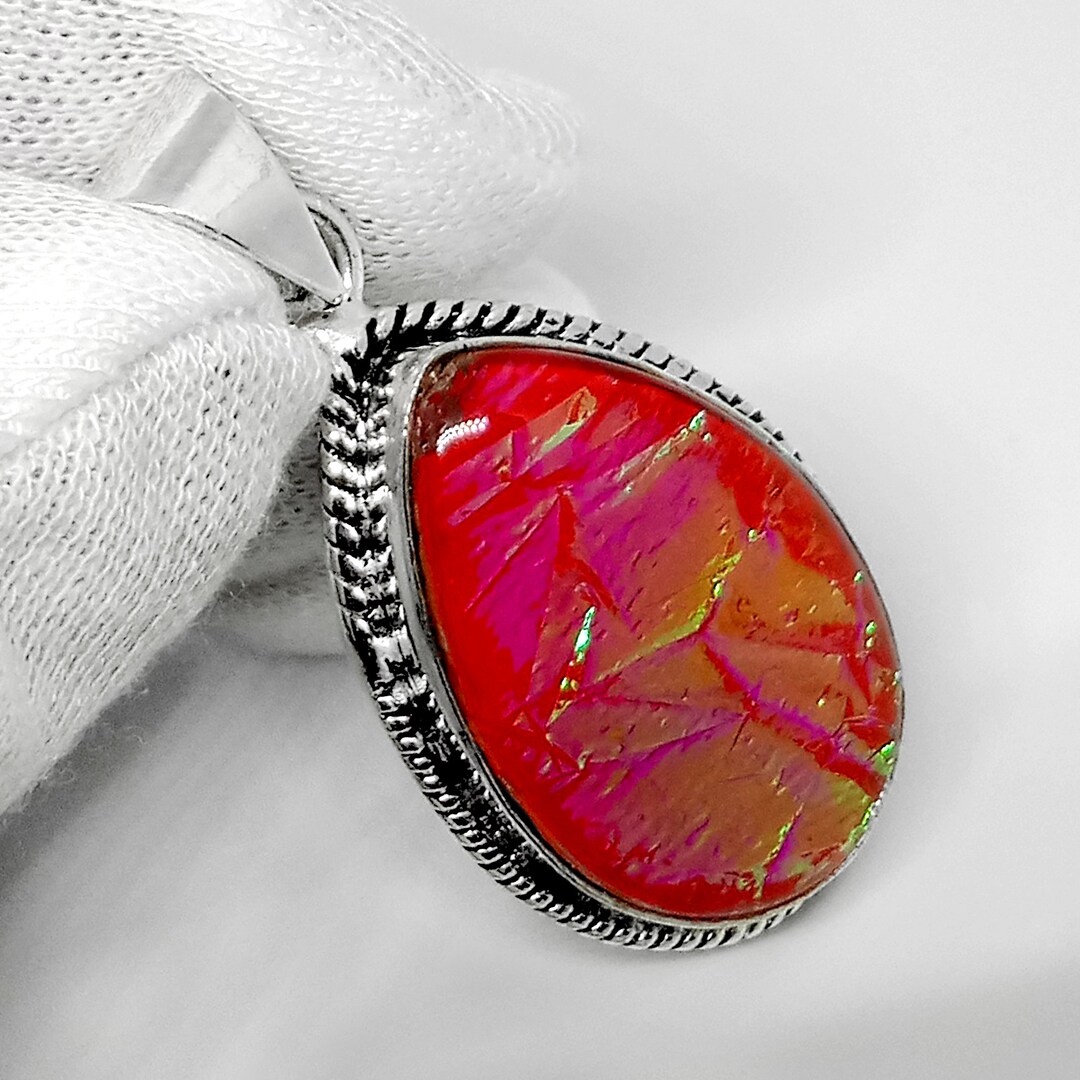 Pendentif En Verre Dichroïque Argent 925 - Fait Main - 2 Pouces - Multicolore
