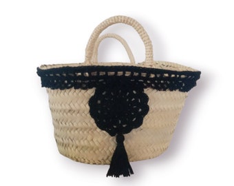 Straw basket with crochet application