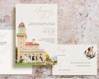 May include: Wedding invitation suite with a watercolor illustration of a building. The invitation features the couple's names, wedding date, and location. The RSVP card includes a dog illustration and a space for guests to indicate their attendance. The details card includes a website address and a dog illustration.