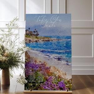 Plano de mesa de casamento com tema de viagem, gráfico de assentos com ilustração de viagem personalizada, local ou local plano de assentos em aquarela, impressão personalizada