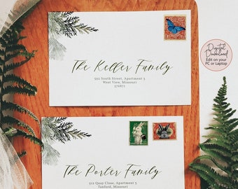 Könnte beinhalten: Zwei weiße Umschläge mit Aquarell-Grünpflanzen und handschriftlichem Text. Der obere Umschlag trägt die Aufschrift "The Keller Family" mit einer Adresse und der untere Umschlag trägt die Aufschrift "The Porter Family" mit einer Adresse. Beide Umschläge haben dekorative Briefmarken mit Bildern von Schmetterlingen und Kaninchen.
