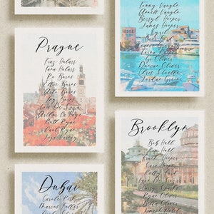 Planimetria dei posti a sedere con foto a tema di viaggio, planimetria personalizzata illustrata per il tavolo del matrimonio, planimetria dei posti a sedere per il matrimonio con illustrazione ad acquerello della posizione 5x7
