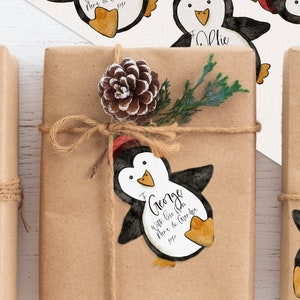 Personalized Christmas Gift Tags, Penguin Holiday Gift Tag Template, Printable Gift Label Template, Instant Download, Editable Quirky Label