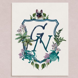 Tropical Wedding Crest, Custom Painted Crest, Personalized Dog Wedding Crest, Hand Drawn Monogram, Family Crest, Watercolor Dog Stationery