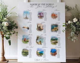 Travel Theme Wedding Seating Chart, Custom Watercolor Location Illustration, Your Images (Digital Printable)