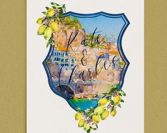 May include: A watercolor painting of a cityscape with a blue and white shield around it. The shield has the text "Kate & Charles" written in cursive. The cityscape is surrounded by lemon branches with yellow lemons.
