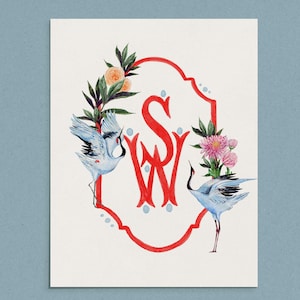 Wedding Crest, Personalized Floral Crest Hand Drawn Monogram, Family Crest, Whimsical Watercolor Custom Bird or pet Illustration Stationery