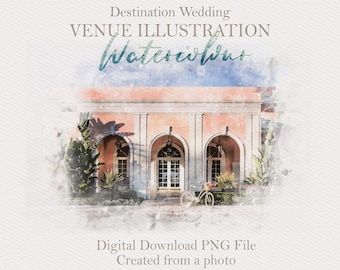 May include: Watercolor illustration of a pink building with three arched doorways. The building has a white bicycle with a basket of flowers in front of it. The illustration has a watercolor effect and is set against a light blue background.