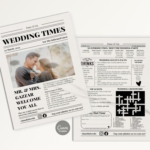 Modèle de programme de mariage journal Infographie de mariage modifiable Programme de mariage unique Calendrier de mariage imprimable mots croisés de mariage Canva