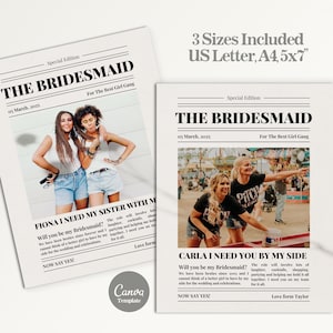 Krant kaartsjabloon bruidsmeisje voorstel, bewerkbaar canvas, zal je mijn bruidsmeisje zijn krant, fotokaart bruidsmeisjes voorstel, afdrukbaar