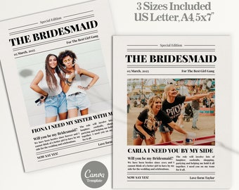 Op de afbeelding: Een afdrukbare kaart voor een bruidsmeisjesvoorstel met een krantenontwerp. De kaart bevat een foto van twee vrouwen en de tekst "The Bridesmaid" met de datum "03 March, 2025". De tekst "Fiona I need my sister with me" en "Carla I need you by my side" is ook inbegrepen.