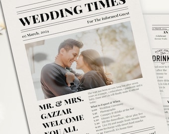 Wedding Newspaper Itinerary Program, Editable Canva Template (Digital Printable Download)