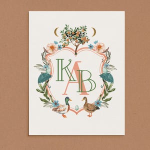Wedding Crest, Custom Painted Personalized Wedding Crest Hand Drawn Monogram, Family Crest, Whimsical Watercolor Pet Illustration Stationery