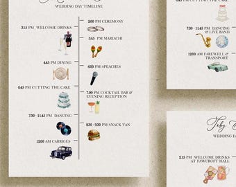 Op de afbeelding: Een tijdlijn voor een huwelijksdag met illustraties van verschillende activiteiten, waaronder een welkomstreceptie, een ceremonie, een cocktailbar en dansen. De tijdlijn is geschreven in zwarte tekst op een beige achtergrond.