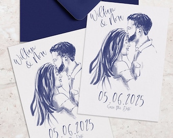 May include: Navy blue wedding save-the-date cards with a watercolor illustration of a couple. The cards feature the names "William & Nora" and the date "05.06.2025". A matching navy blue envelope is also included.