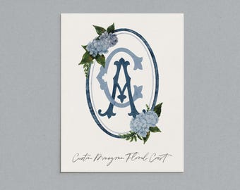 Hydrangea Wedding Crest, Monogram Crest with Blue Hydrangeas, Watercolor Wedding Crest Personalized Monogram, Floral Monogram Wedding Logo