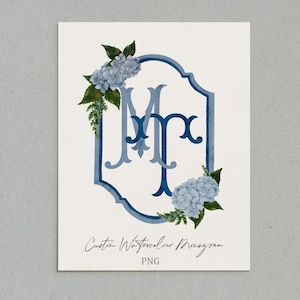 Blue Hydrangea Wedding Crest, Blue Monogram Crest Hydrangeas, Watercolor Wedding Crest Personalized Monogram, Floral Monogram Wedding Logo