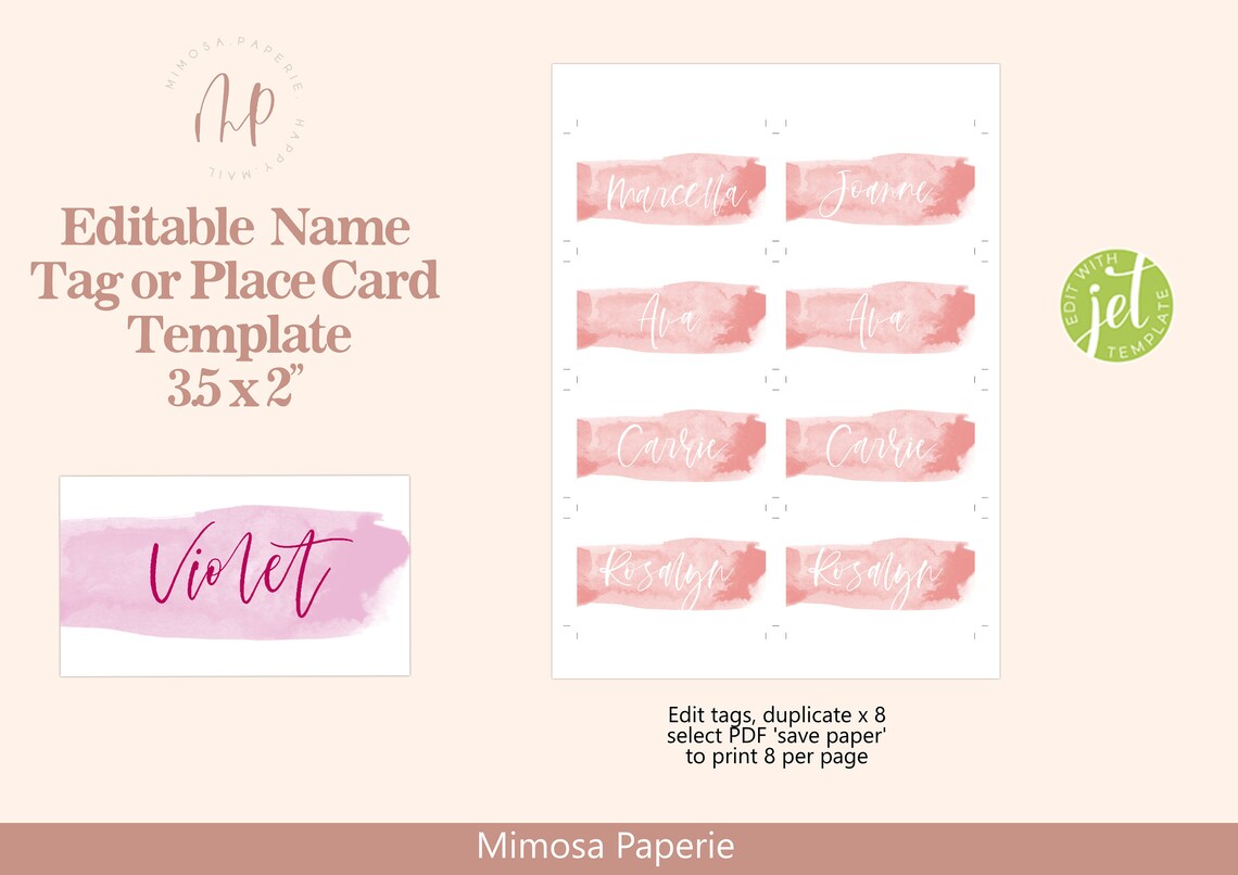 Calligraphy Place Cards, Printable Template, Editable Custom Color ...