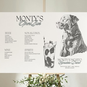 Enseigne de boisson signature, menu de bar, enseigne de bar de mariage portrait d'animal de compagnie, menu de boissons illustré personnalisé déco amoureux des chiens, impression sur commande