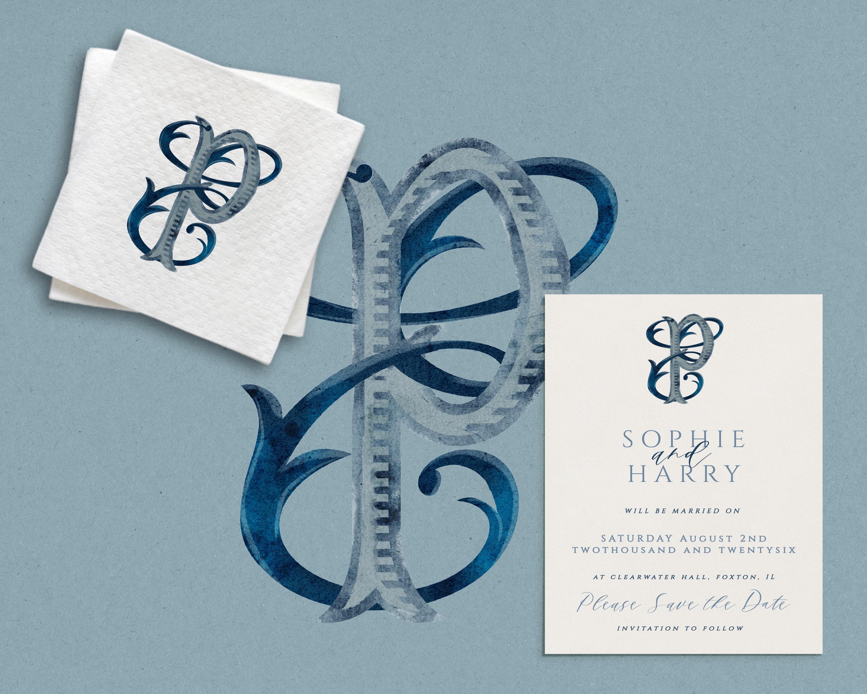 Custom Vintage Watercolor Monogram: Personalized Blue Interlocking ...