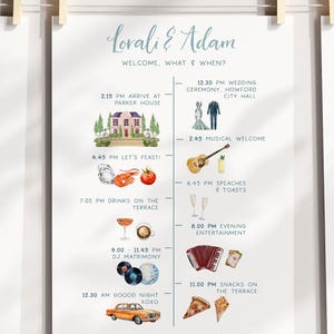 editable custom wedding timeline. Printable illustrated wedding itinerary 5x7 template. Personalized wedding timeline icons.
infographic program
wedding day program
editable timeline