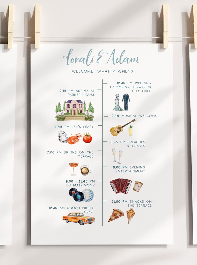 editable custom wedding timeline. Printable illustrated wedding itinerary 5x7 template. Personalized wedding timeline icons.
infographic program
wedding day program
editable timeline