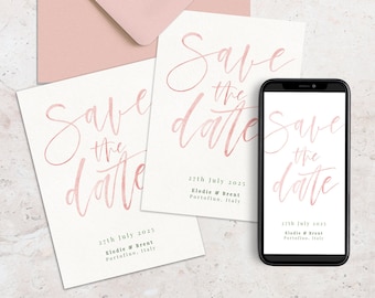 May include: Three save the date cards with pink calligraphy. The cards are on a white background and have the text "Save the Date" in pink calligraphy. The text below the calligraphy reads "27th July 2025 Elodie & Brent Portofino, Italy".