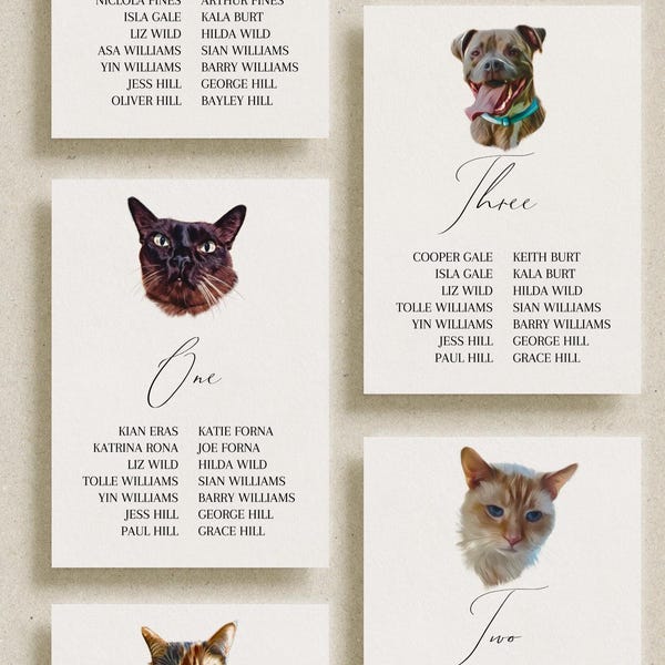 Pet Themed Wedding Seating Chart. Illustration of Your Pet. Printable 5x7 Cat Table Plan, Personalized Pet Portrait Seating Chart Pet Lovers